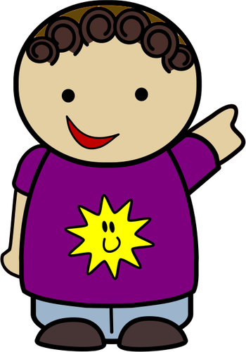 Güneşli mor T-shirt çocukla işaret