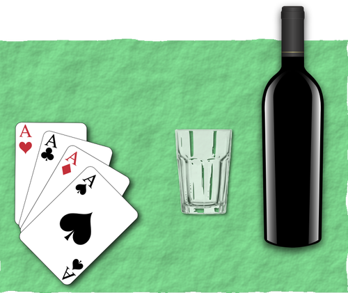 Vector illustration of four playing cards, a glass and bottle of wine