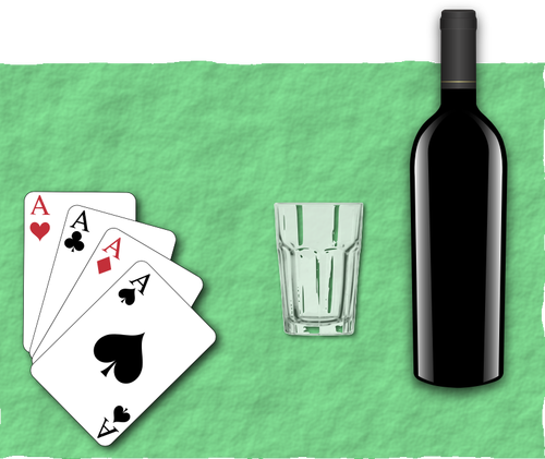 Vector illustration of four playing cards, a glass and bottle of wine