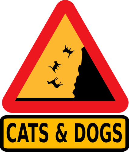 Vector illustration of falling cats and dogs warning road sign