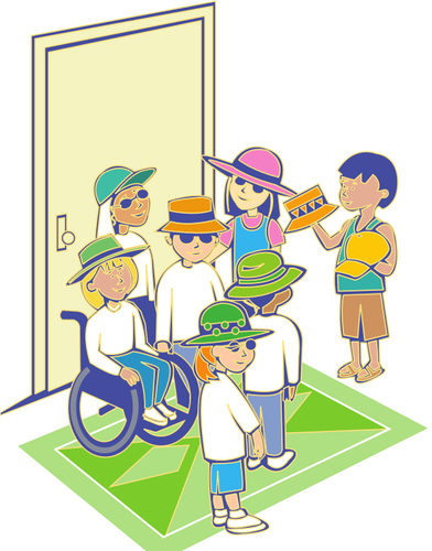 Group of kids with hats in front of door vector illustration