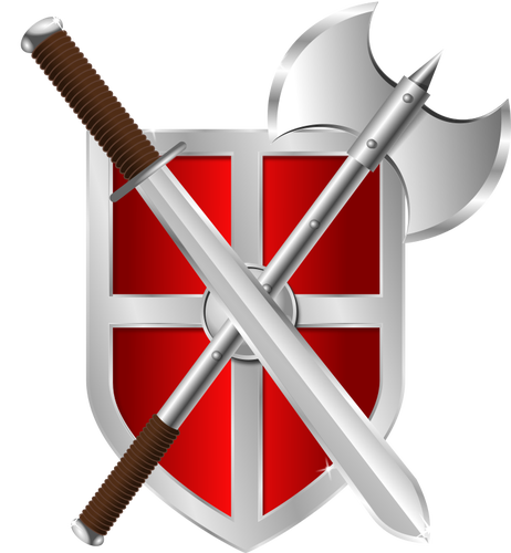 Vector dibujo de battleaxe, escudo y espada