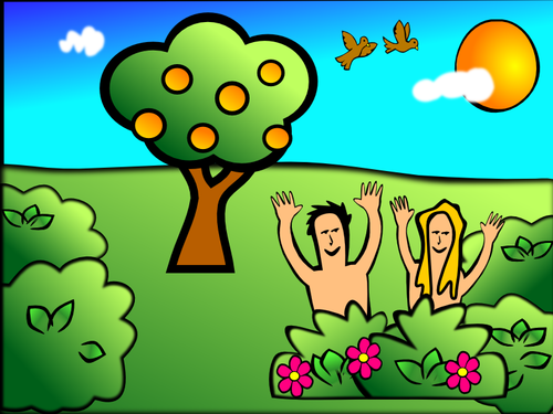 Adam & Eve in garden scenery vector illustration