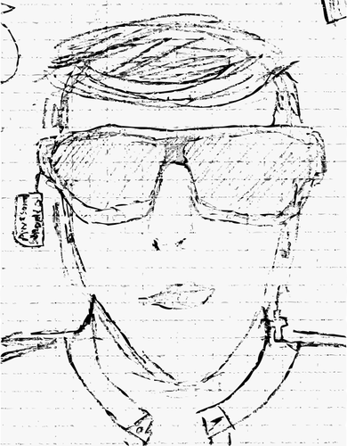 Pencil drawing of a guy trying on sunglasses