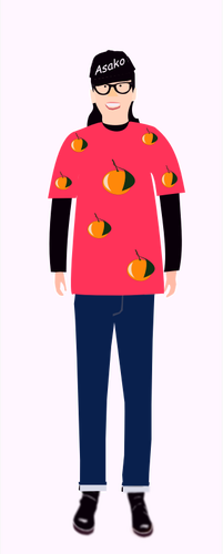 Vector de dibujo de moda chica en camiseta roja con el patrón de naranja