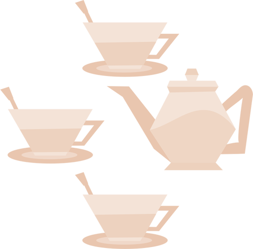 Vector image of three teacups and teapot
