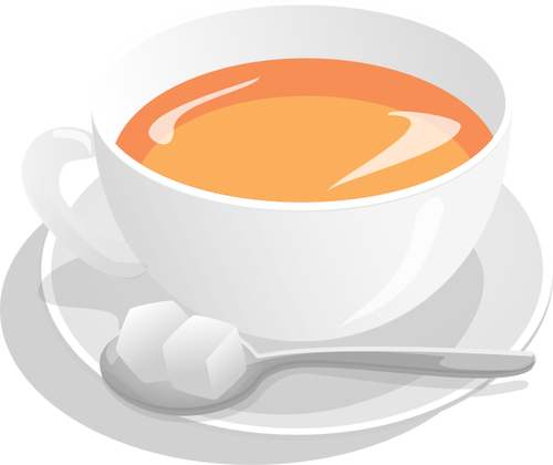 Vector illustration of tea cup served on saucer with sugar and spoon