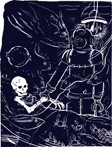 Vector drawing of skeleton discovery in the shipwreck