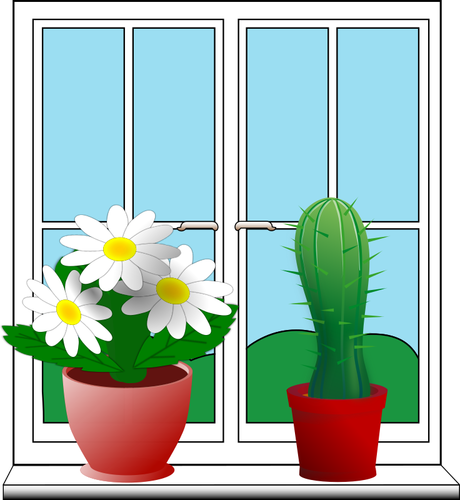 Clip art of window with two potted plants