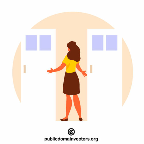 Woman in front of two doors