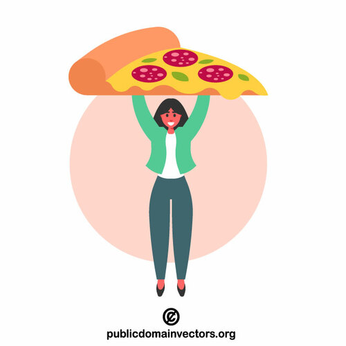 Woman holding a huge slice of pizza