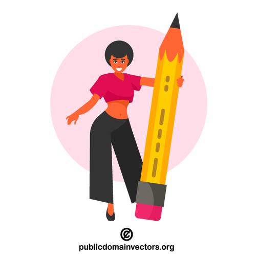 Woman holds a big pencil