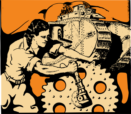 Vector clip art of woman turning a gear