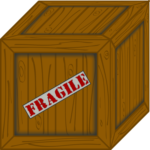 Ilustração em vetor 3D de uma caixa de madeira com etiqueta frágil