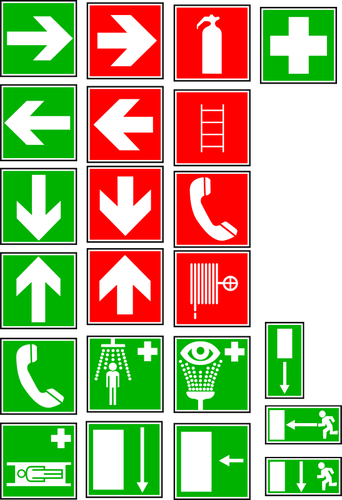 Fire exit and medical instruction signs vector drawing