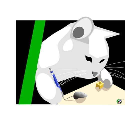 Vector drawing of cat playing with mouse and cheese