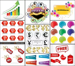 Sale-Aufkleber, Banner, Währungssymbole