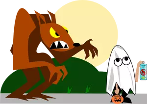 Wolf behind ghost trick or treater vector image