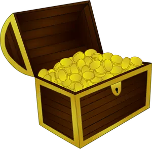 Gambar vektor kayu peti harta karun dengan bingkai emas