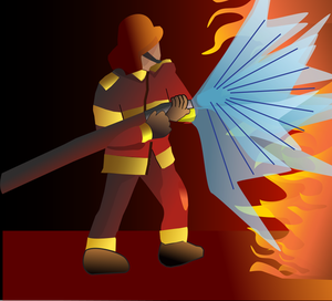 Vector tekening van brandweerman een grote brand blussen