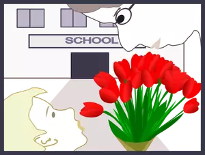 Student gives flowers to teacher vector illustration