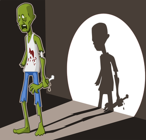 Vectorillustratie van groene zombie in het middelpunt van de belangstelling