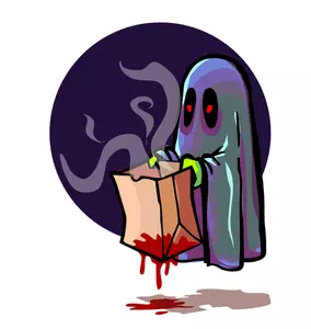 Scary ghost holding bloody bag vector illustration