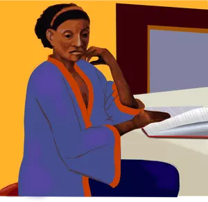 Signora afroamericana leggendo un libro presso un ClipArt di vector table