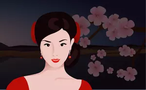 Азиатская женщина с цветами в фон-векторные картинки