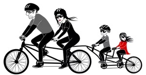 Four person family riding a tandem bike vector drawing