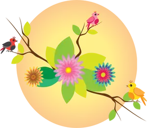 Fugler og blomster under solen illustrasjon