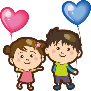 Niño y niña con globos de corazón
