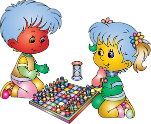 Jungen und Mädchen bunte Schach spielen