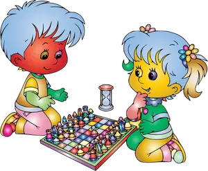 Ragazzo e ragazza che giocano scacchi colorati