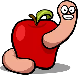 Vektor gambar lucu cacing pada sebuah apel