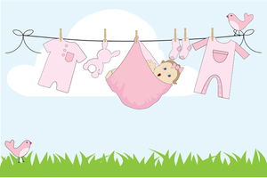 Cartoon Baby-Mädchen hängen Wäscheleine außerhalb