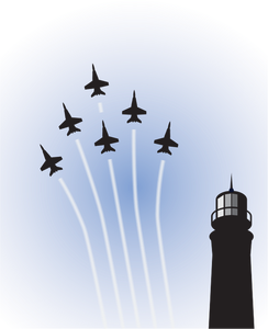Vector drawing of military planes on show over lighthouse