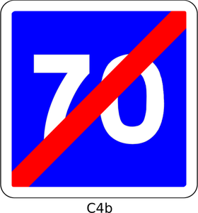 Vector illustraties van einde van 70mph snelheid beperken blauwe vierkant Frans bord