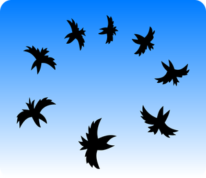 Black and white illustration of a small crows flying