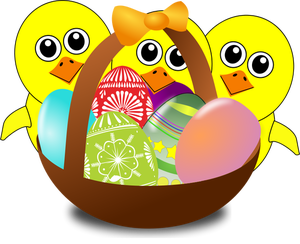 Poussins de dessin animé avec des oeufs de Pâques dans une image vectorielle de panier