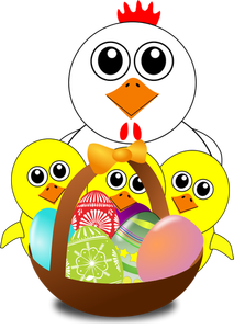 Chicken and chicks behind Easter eggs basket vector illustration