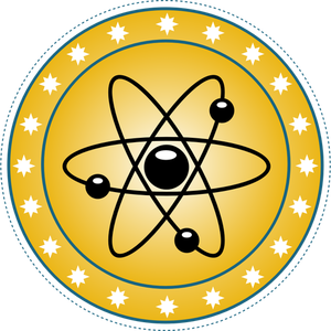 Vector tekening van atomaire badge ingesteld in goud
