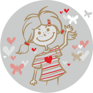 Vector clip art of girl with flying hearts badge