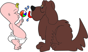 Comic image of a baby and a dog.