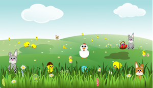 Easter landscape with bunnies, chicks, eggs, chicken, flowers