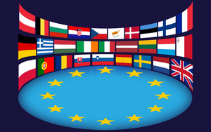 Grafiki flag państw UE wokół jasnych gwiazd