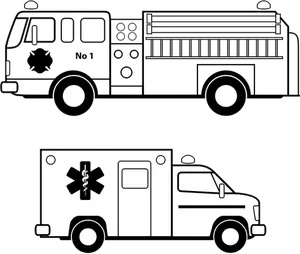 Ambulance a požár kamionu linie umění vektorový obrázek