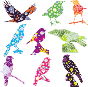 Vector graphics of selection of birds with a floral pattern