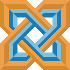 Drawing of stylized blue and orange Celtic knot