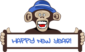 Mono y el signo '' feliz año nuevo ''